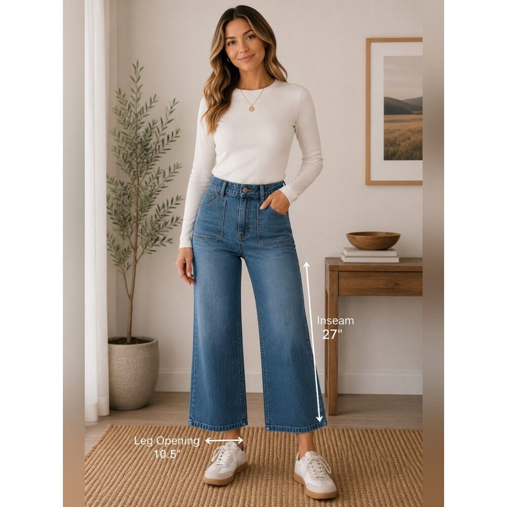 Draper James Wide Leg Cropped Jeans High Rise Patch Pocket Denim Size 6 Stretch